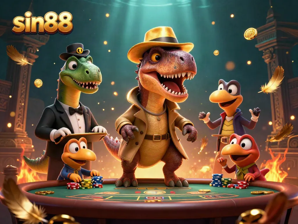 Experience the thrilling atmosphere of sin88 with a cartoon velociraptor at a blackjack table, surrounded by gold and festive elements.
