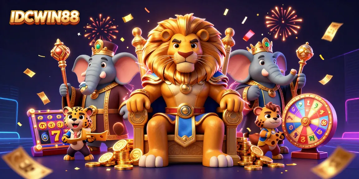 Experience winning with IDCWIN88 through dynamic slot machines and captivating characters in a vivid scene.