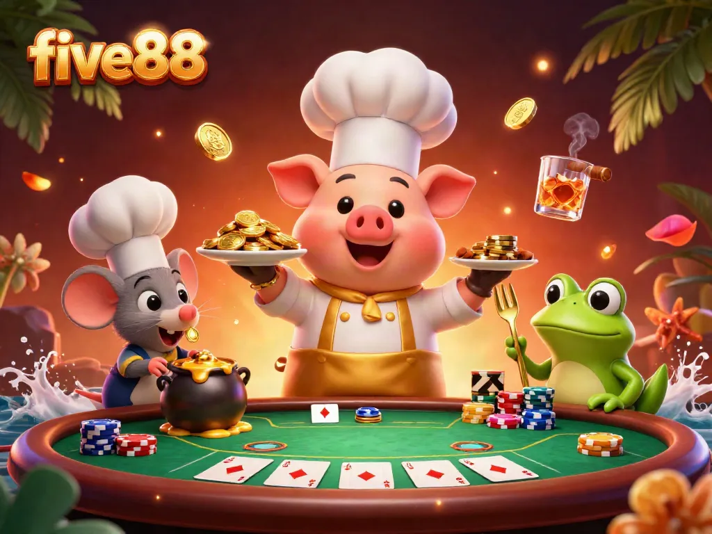 five88 offers a vibrant casino experience showcasing a chef pig serving gold coins, surrounded by poker chips and gameplay elements.