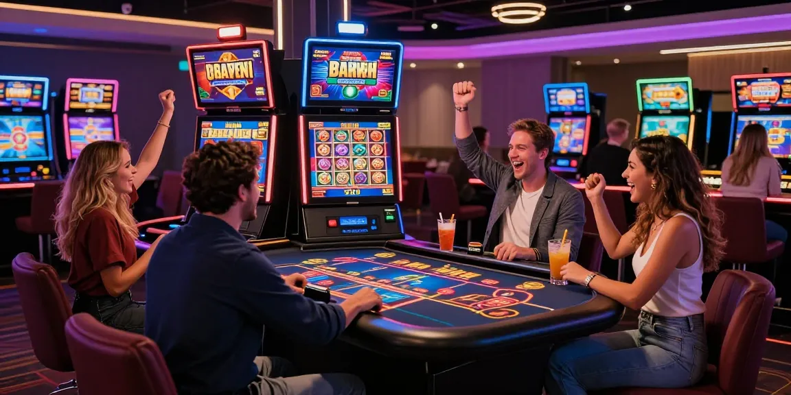 Situs Slot Gacor Asialive88 gaming scene, friends enjoying vibrant online casino table games in a lively atmosphere.