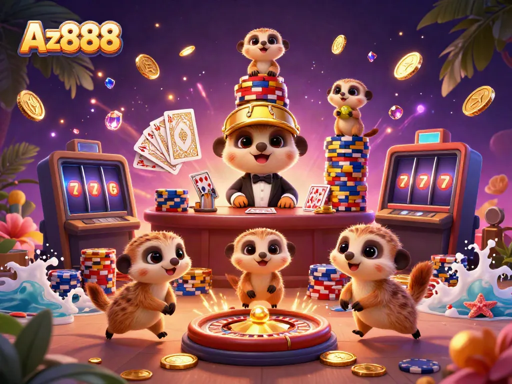 Engaging Az888 casino scene with meerkats and exciting gaming elements, showcasing vibrant action.
