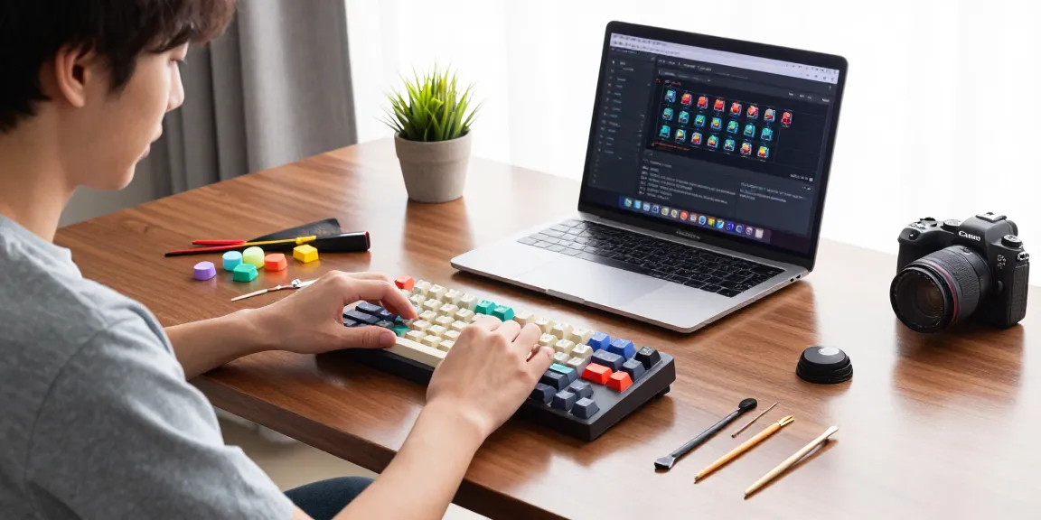 MCHOSE K99 mechanical keyboard assembly scene with colorful keycaps and key switches in a bright workspace.