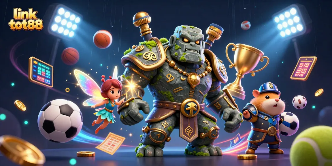 Experience fun gaming with link tot88 and a magical golem, fairy, and hamster knight in a dynamic casino scene.