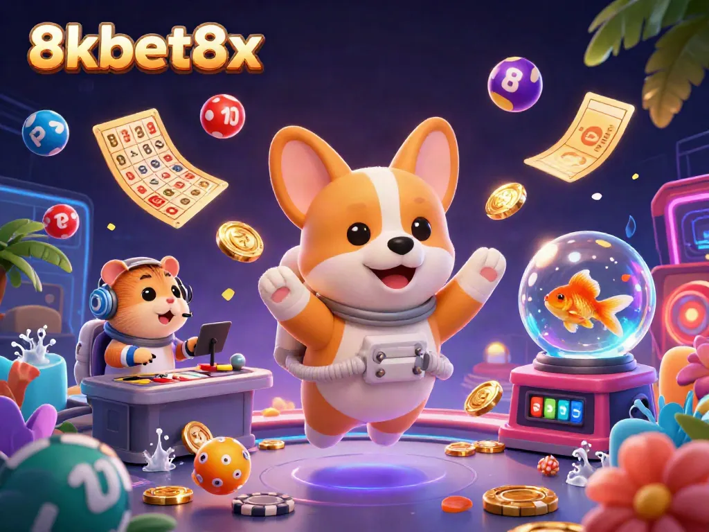 Engage in gaming excitement with 8xbet8x as colorful lottery balls and golden prizes float around a space-themed casino.