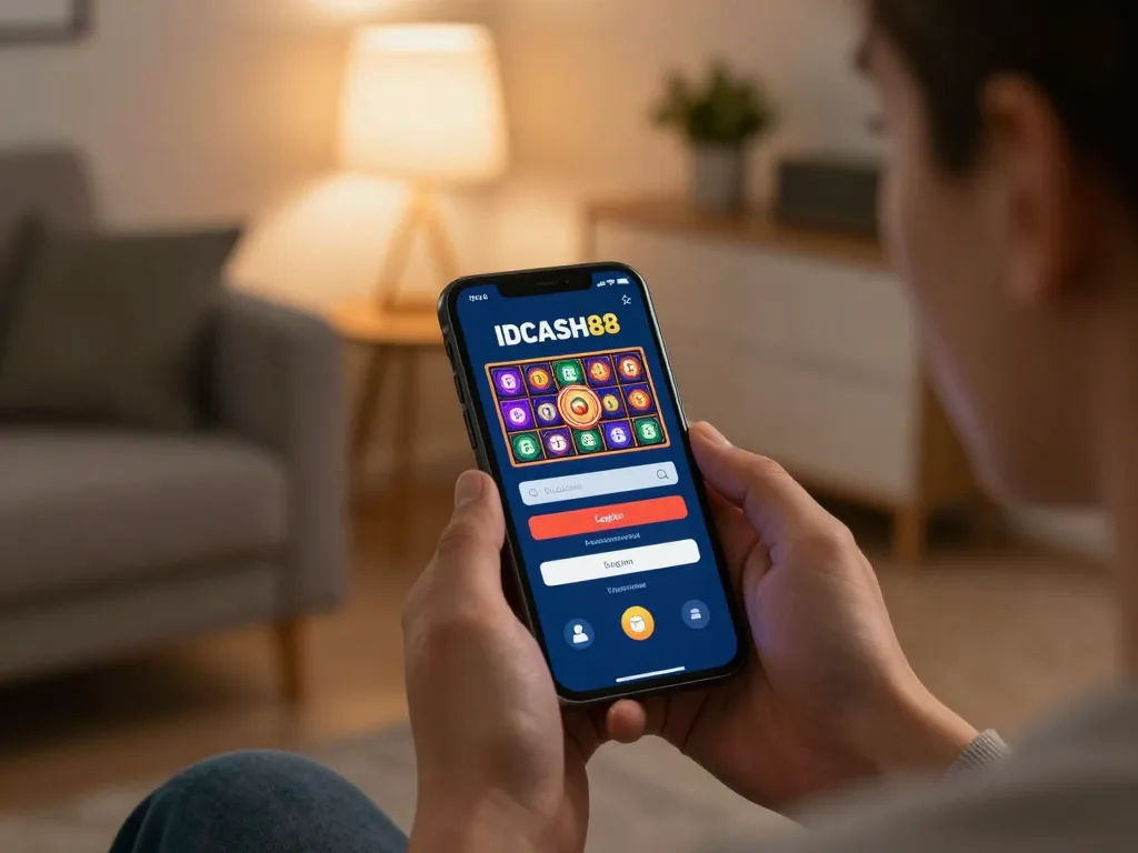 Engaging with IDCASH88 Login on mobile for strategic online slots gameplay in a cozy home setting.