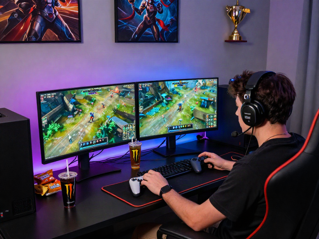 Immersive gaming setup with user engaged in gameplay featuring 먹튀스팟 elements, vibrant visuals, and modern equipment.