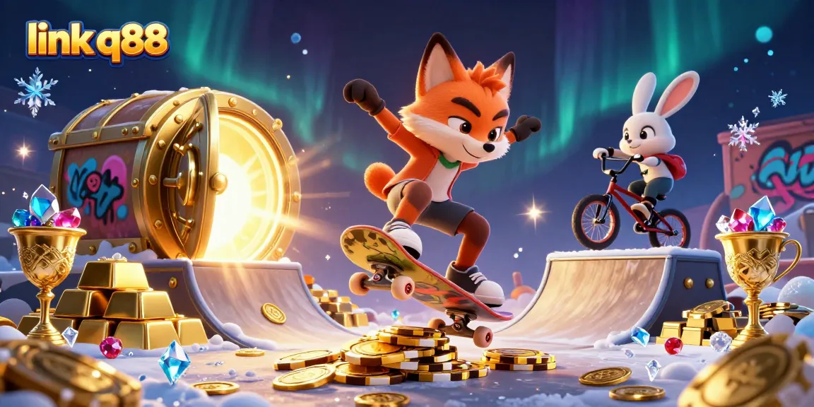 Engaging scene with link q88 featuring skateboarder fox and BMX rabbit in a colorful casino atmosphere
