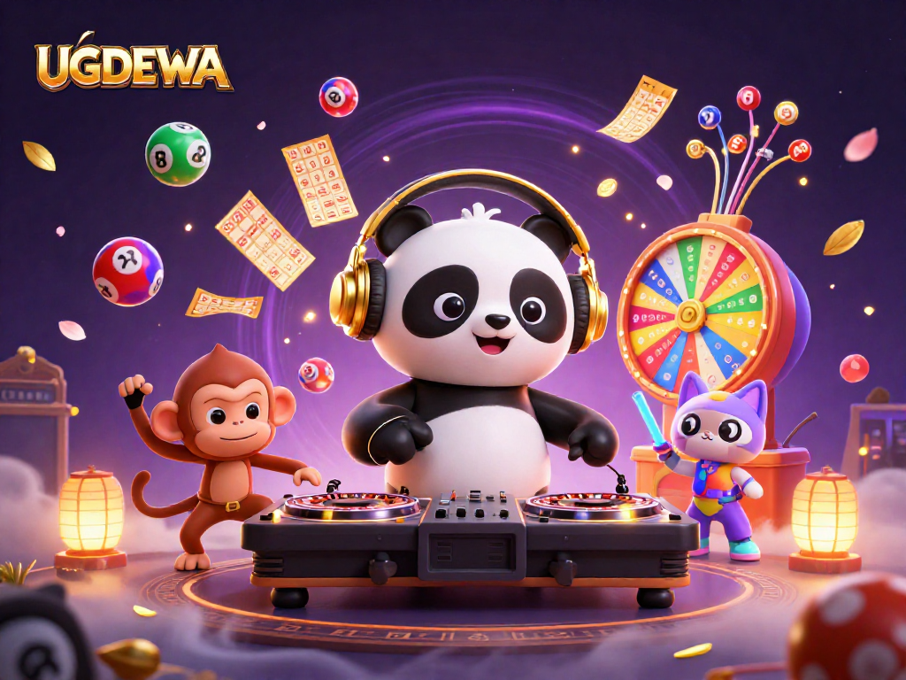 Engage in fun lottery moments with UGDEWA surrounded by vibrant animated characters and casino elements.