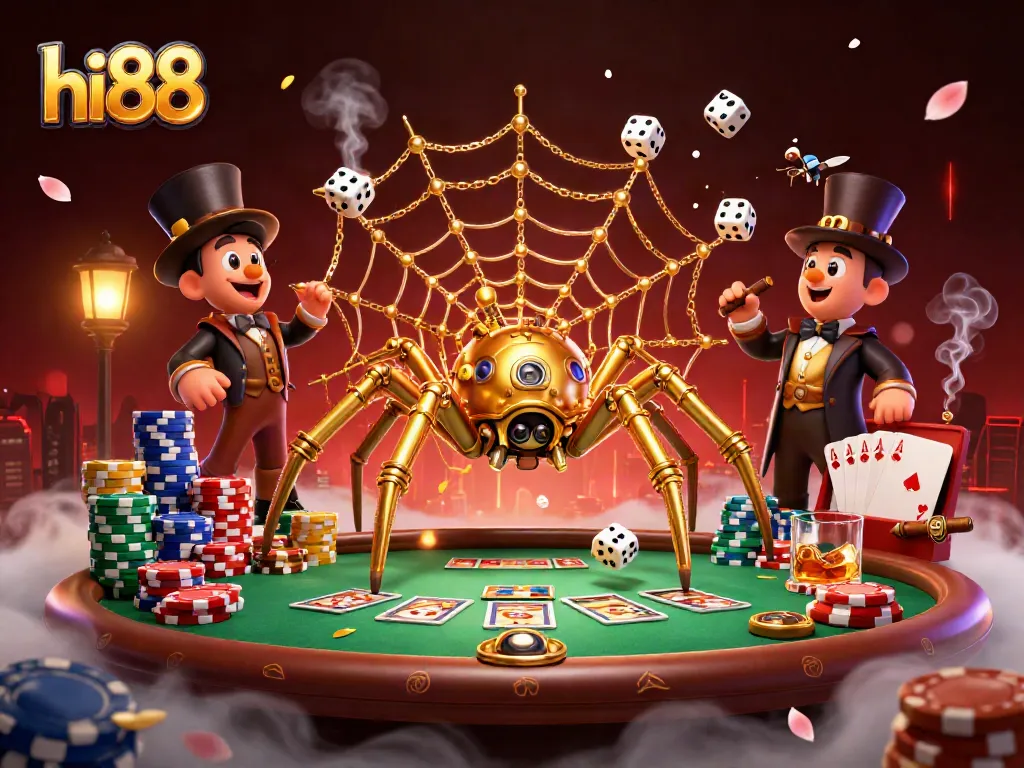 Experience hi88's excitement with a vibrant 3D casino scene filled with poker elements and a whimsical steampunk spider.