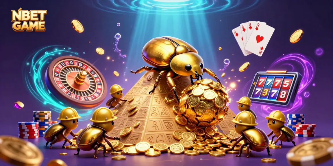 Join the excitement of NBET GAME with a golden beetle rolling gems and coins in a vibrant casino scene.