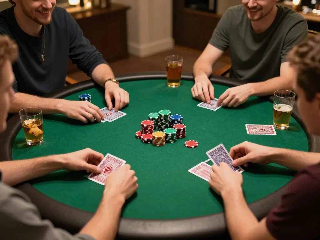 MPO08 Link displays a vibrant home poker game with friends, showcasing cards, chips, and a competitive atmosphere.