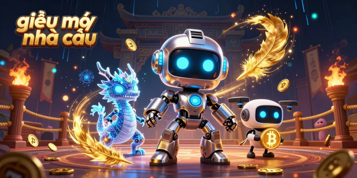 Engage in the vibrant world of giải mã nhà cái with a robotic mascot and digital companions in a thrilling casino scene.