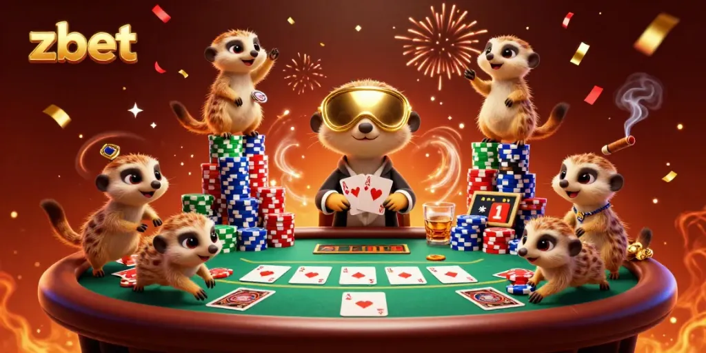 Experience zbet's lively casino atmosphere with meerkats juggling chips and cards.