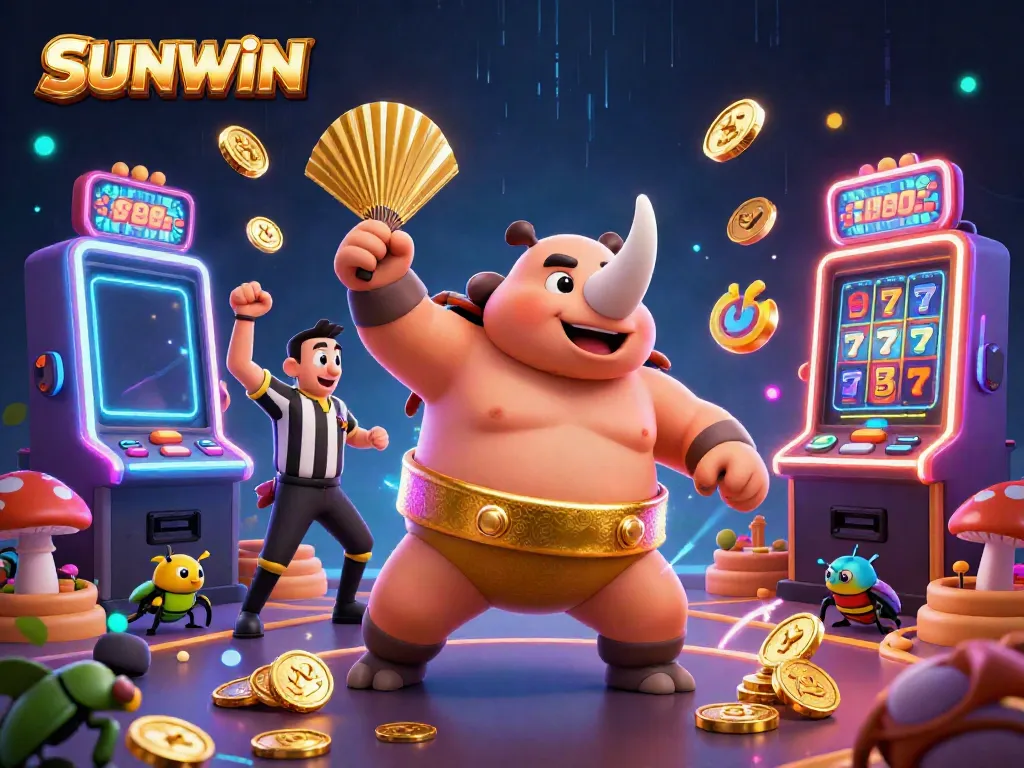 SUNWIN showcases a powerful rhinoceros beetle champion with coins flying in a vibrant, dynamic casino scene.