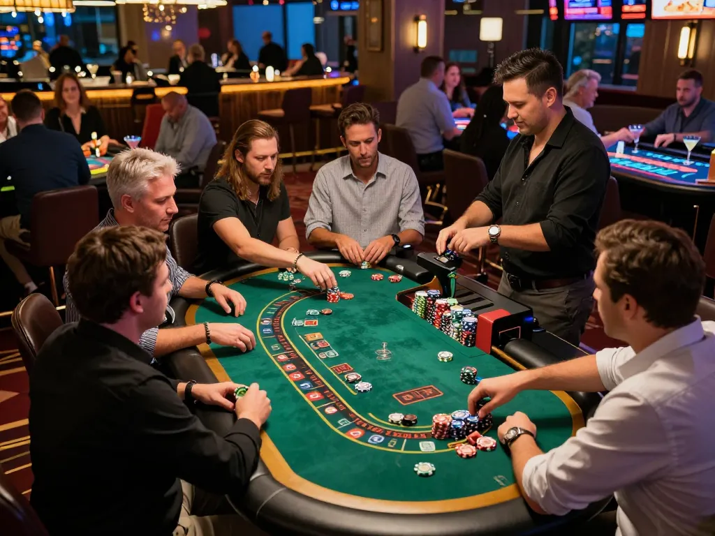 Players engaged in action at nhacaiuytinn casino floor, dynamic gaming environment filled with excitement.