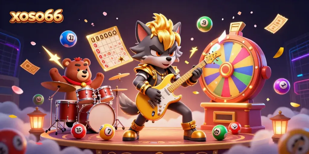 Engage with xoso66's vibrant lottery and gaming experience, featuring dynamic illustrations of characters and gaming elements.