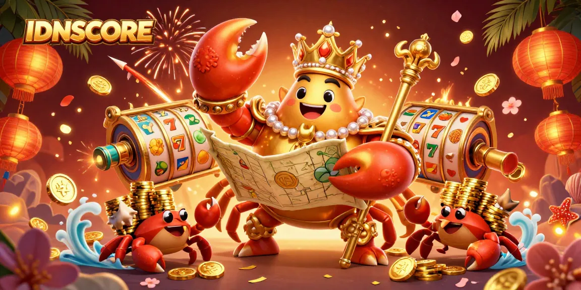 IDNSCORE invites players to enjoy exciting slot games with a golden crab emperor and vibrant casino elements.