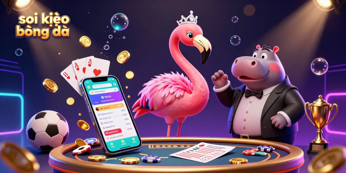 Soi kèo bóng đá scene featuring a flamingo singer, hippo bassist, and dynamic sports betting elements.