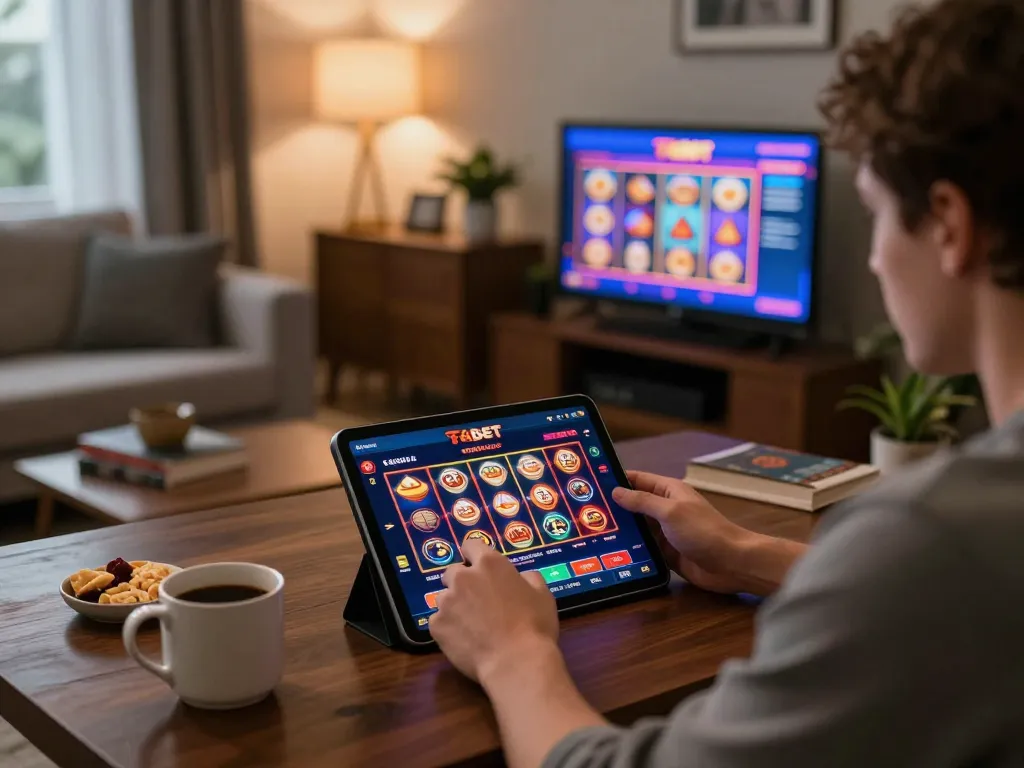 Engaging in Fabet casino gaming on a tablet, cozy home setup for responsible gambling.