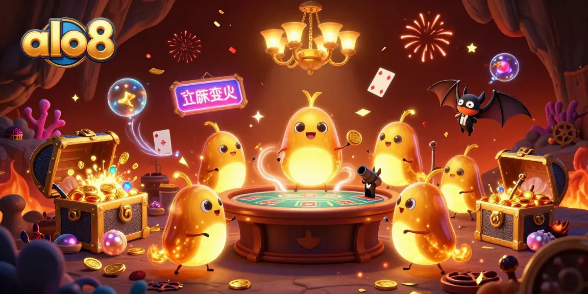 Experience winning thrills at alo8's vibrant online casino with glowing characters and colorful game elements.