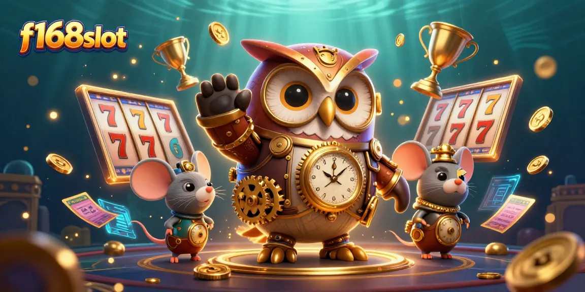 Engage in thrilling gameplay with f168slot's dynamic casino illustration featuring a time-traveler owl.