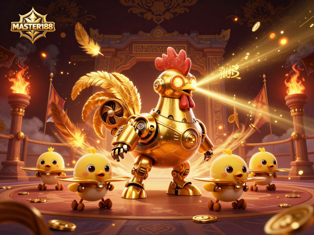 MASTER188 showcases an energetic golden rooster robot, embodying advanced lottery excitement with dynamic betting elements.