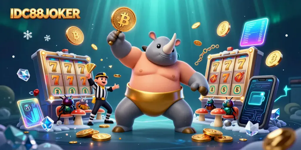 Experience the excitement of IDC88JOKER with a vibrant, dynamic scene showcasing a sumo beetle champion and crypto elements.