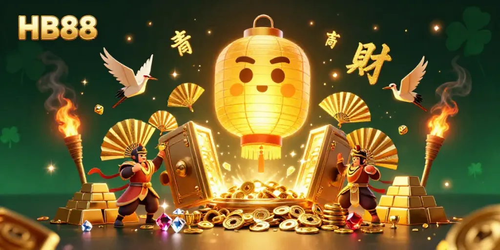 Experience the vibrant energy of HB88 with a glowing lantern spirit and golden wealth amidst a night market casino scene.