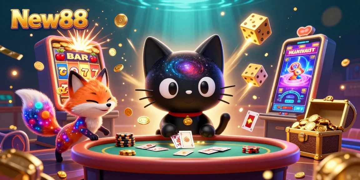 Engage with New88's vibrant universe of online gaming featuring colorful characters and thrilling casino elements.