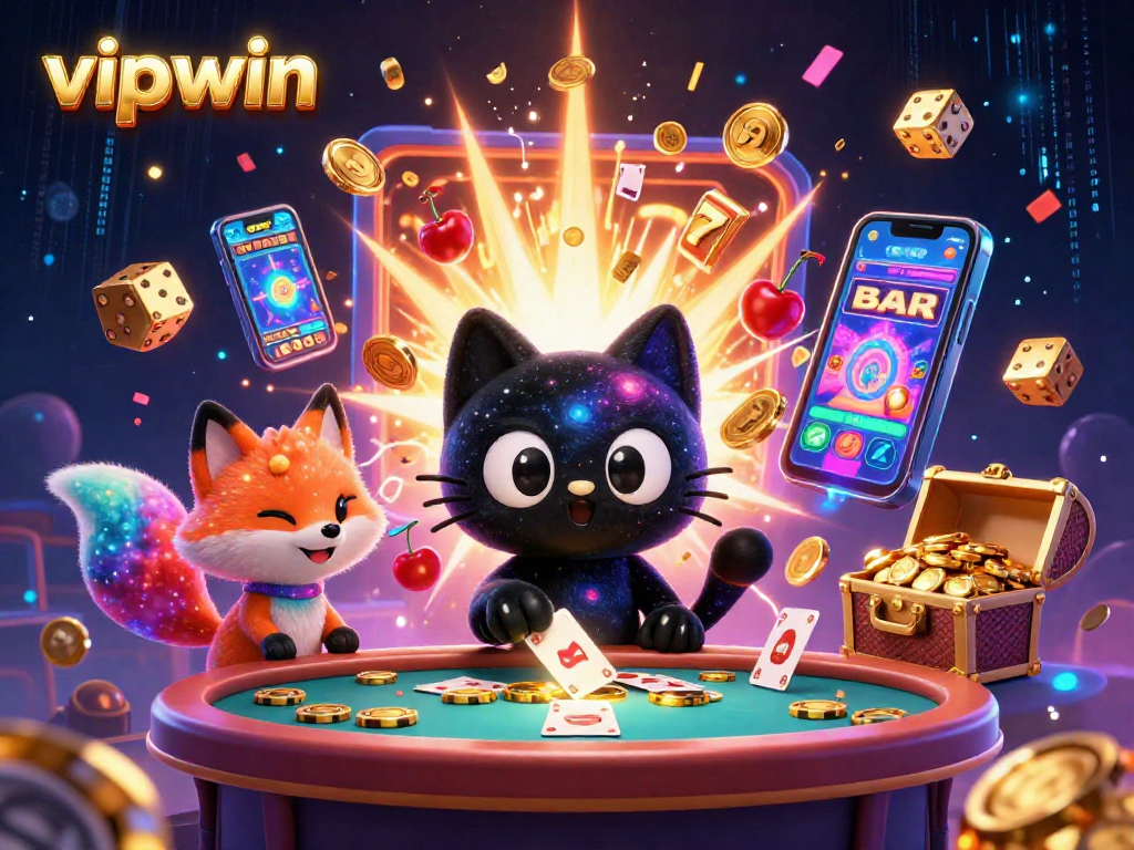 Engage with vipwin's cosmic casino experience, featuring a black hole cat and colorful fox in a jackpot scene.