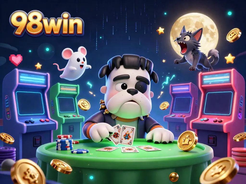 Engage with exciting gameplay at 98win, featuring a playful bulldog dealer, ghostly chips, and whimsical characters.
