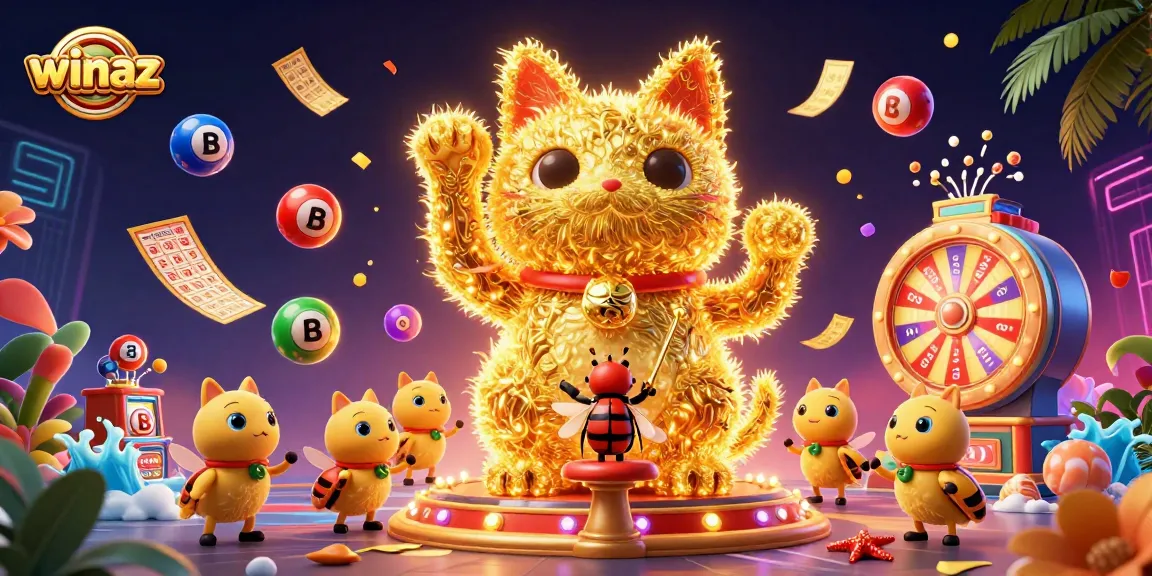 Engage with winaz’s vibrant casino universe, showcasing a whimsical lucky cat and dynamic game elements.