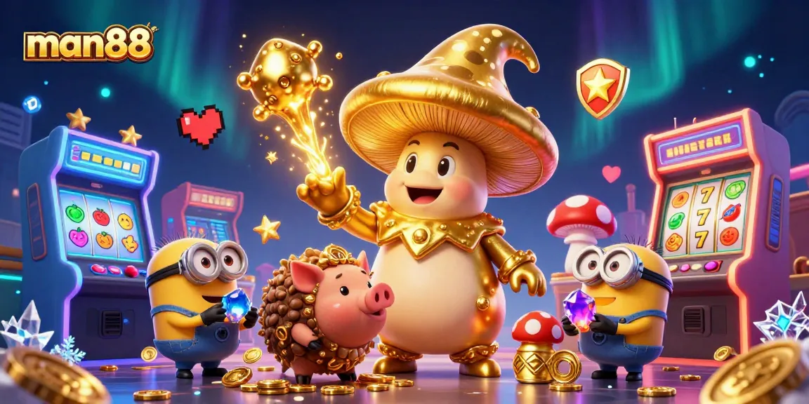 man88 captures the thrill of gaming with a golden mushroom wizard amidst a vibrant casino scene.