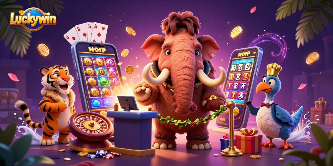 Play exciting slots at Luckywin with a vibrant 3D casino scene showcasing dynamic characters and gaming elements.