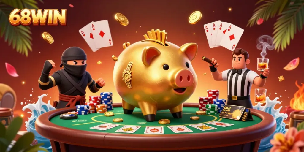 Engage with thrilling moments at 68WIN online casino featuring a vibrant sumo wrestler and dynamic card action.