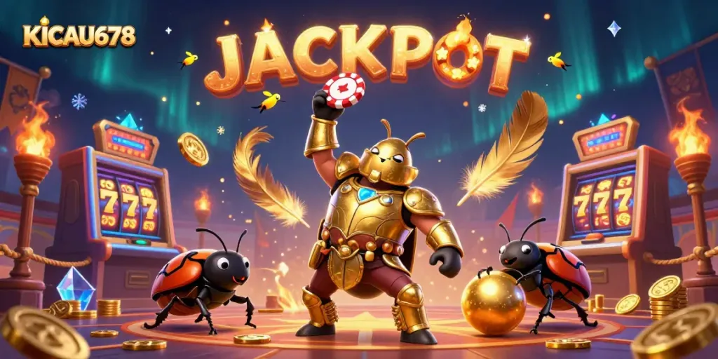 KICAU678 celebrates success as cartoon beetles triumph in a winning casino atmosphere filled with jackpots.