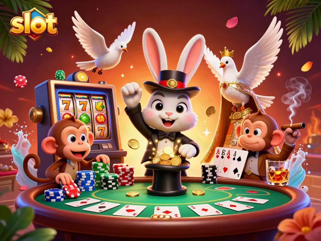 Pull golden coins and spin slot reels with a 3D magician rabbit, dove, and monkey in vibrant casino scene.