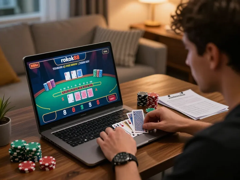 Engaged player enjoying an online blackjack game on rokok88 with a focused expression and strategic notes around.