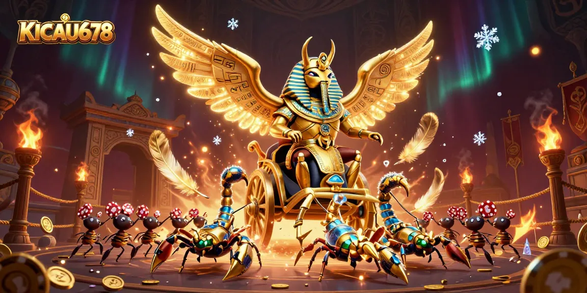 KICAU678 brings vibrant casino excitement with a golden scarab beetle chariot and poker chips in a 3D illustration.