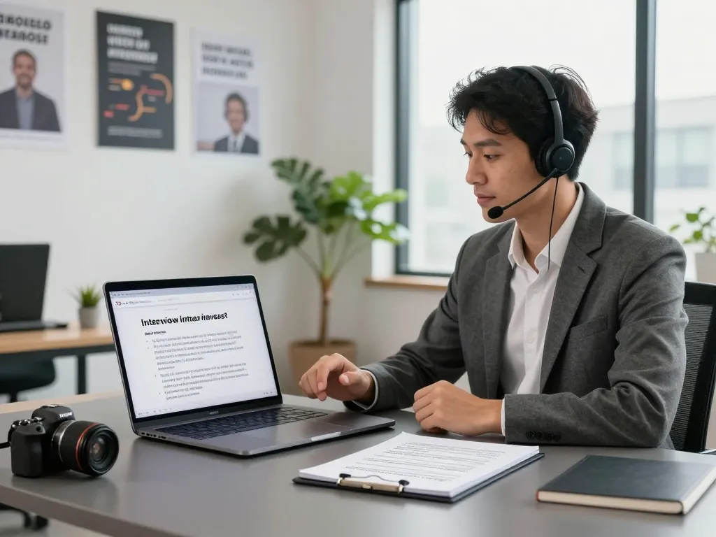 Candidate practicing for an AI interview in a modern workspace with laptop and notepad.
