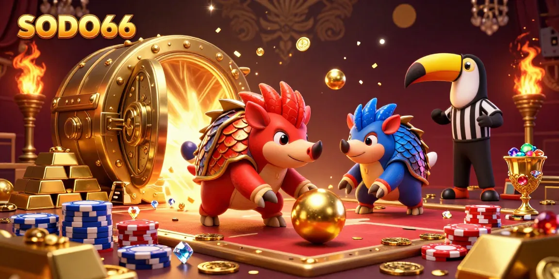 SODO66 pangolins bowling through poker chips, sporting vibrant colors amid dazzling casino treasures.