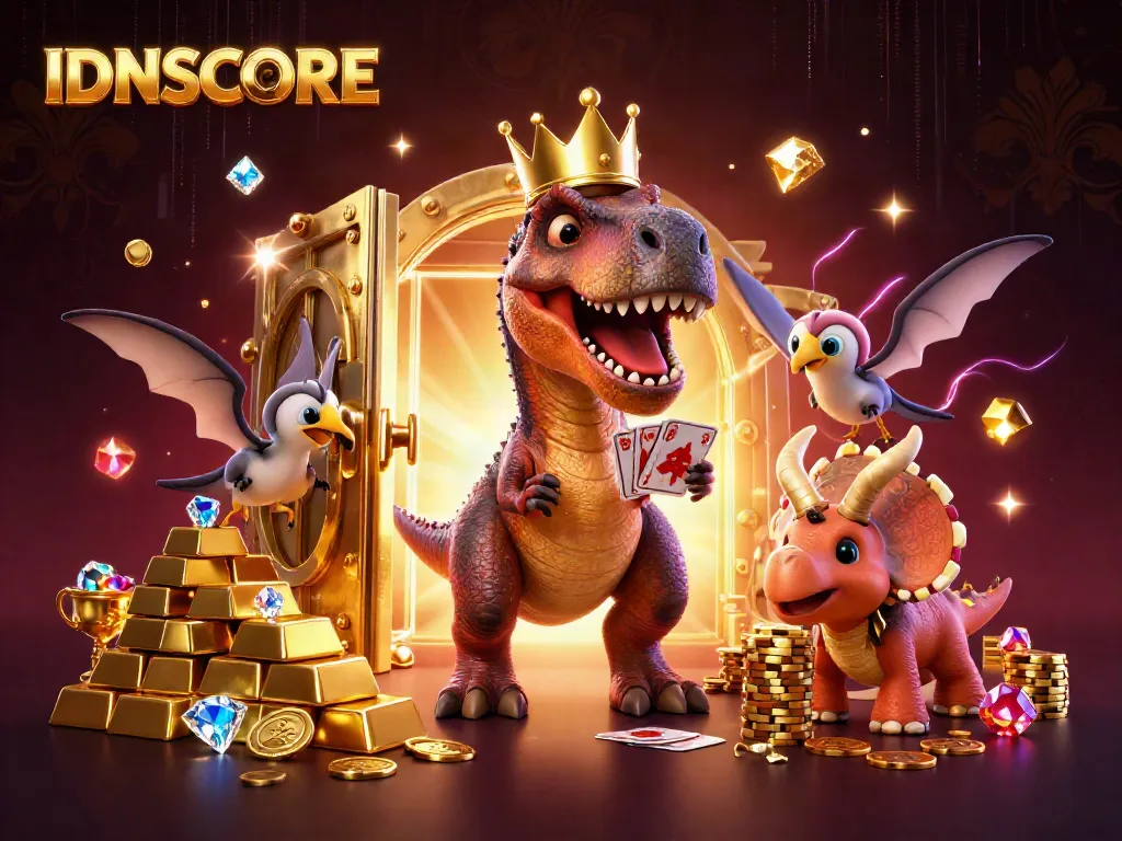 Experience the thrill of IDNSCORE with a vibrant 3D casino illustration featuring playful dinosaur characters engaged in card games.