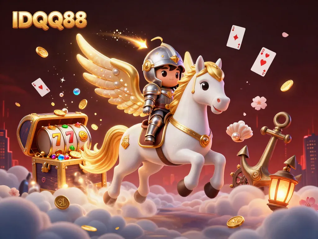 Experience winning thrills with IDQQ88's celestial knights riding to slot victories surrounded by treasure.