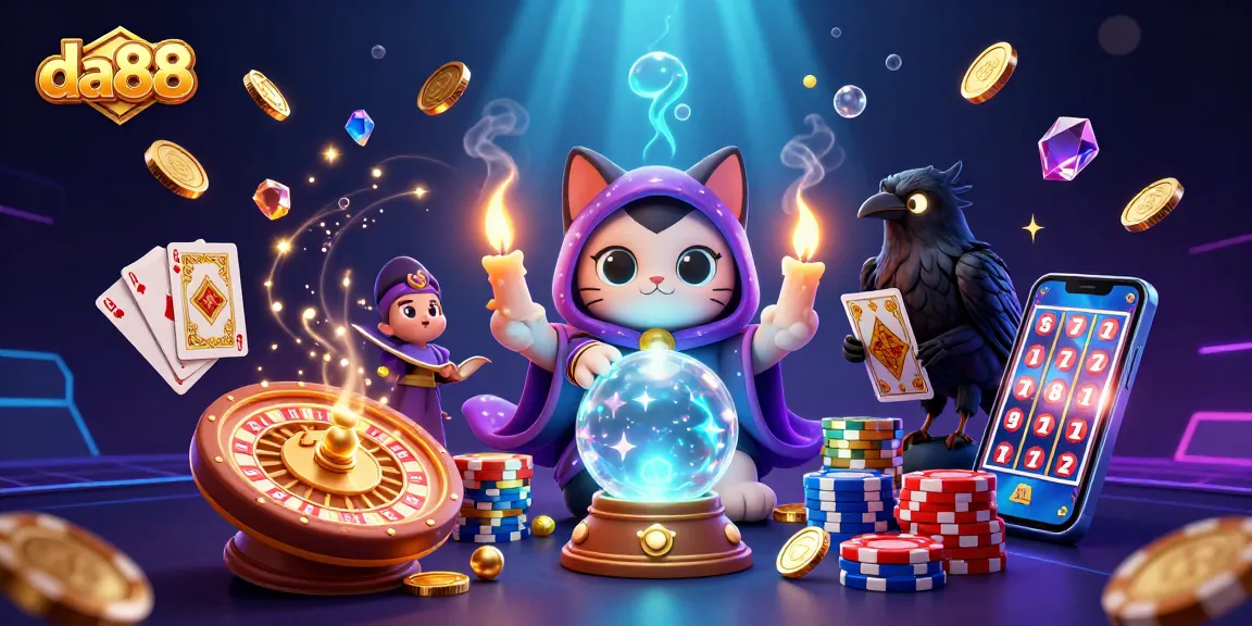 Experience da88 magic with a vibrant casino scene featuring fortune teller cat and tarot raven.