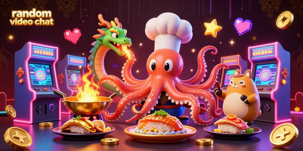 Engage in lively random video chat with animated characters like an octopus chef and dragon.