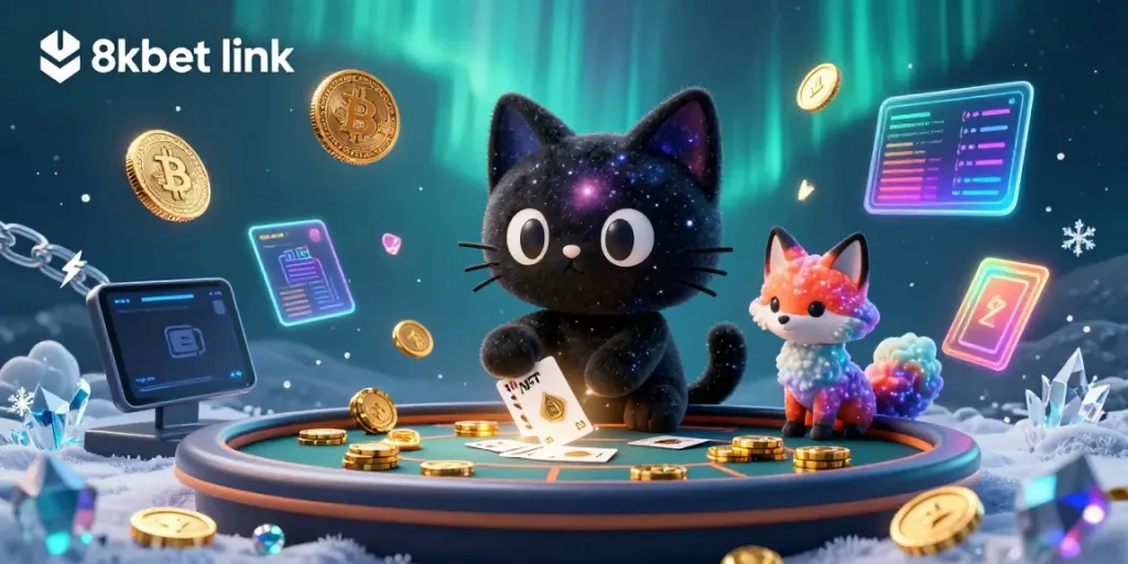 Join the excitement with 8xbet link as the cosmic cat pulls in chips at the casino!