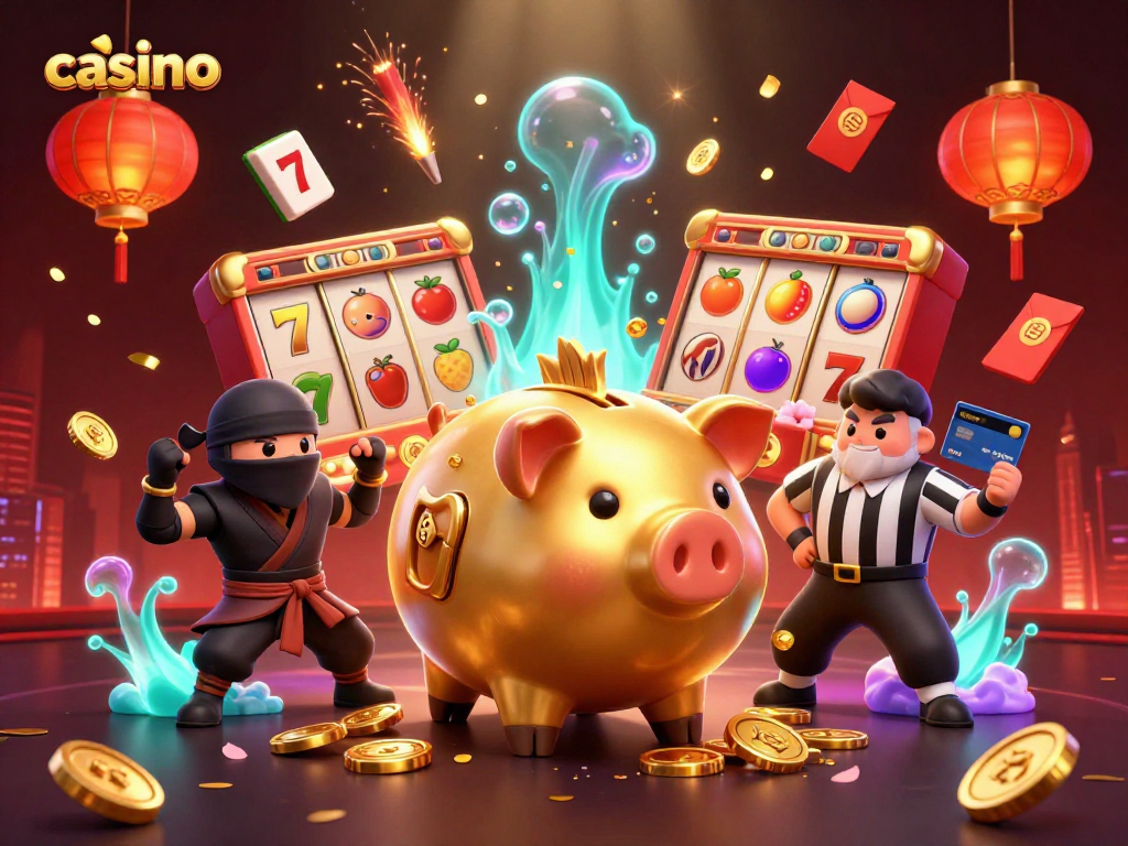 Engaging casino-themed scene with a golden piggy bank sumo wrestler, ninja wallet, and credit-card samurai.