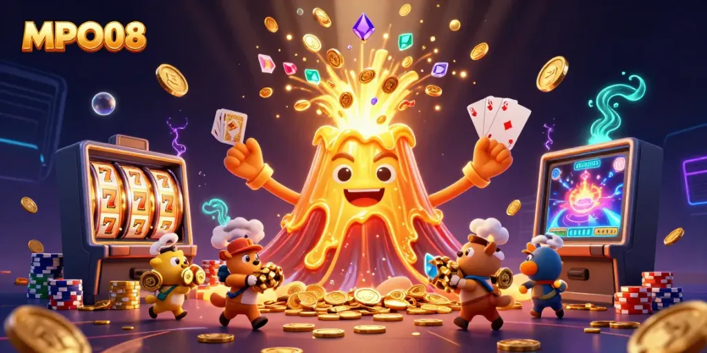 MPO08 captivates players with an exciting eruption of coins and treasures in this vibrant casino scene.
