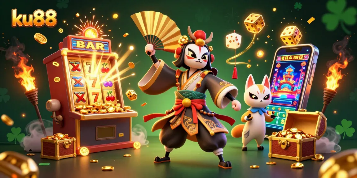 Experience excitement at ku88 with a vibrant 3D casino scene showcasing thrilling slot games.