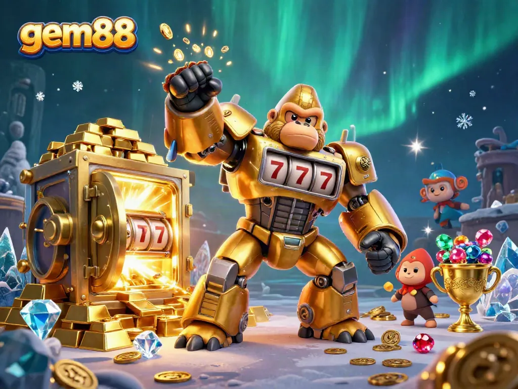 Experience the thrill of gem88 gaming with a dynamic 3D illustration featuring a golden gorilla mech and vibrant slot elements.